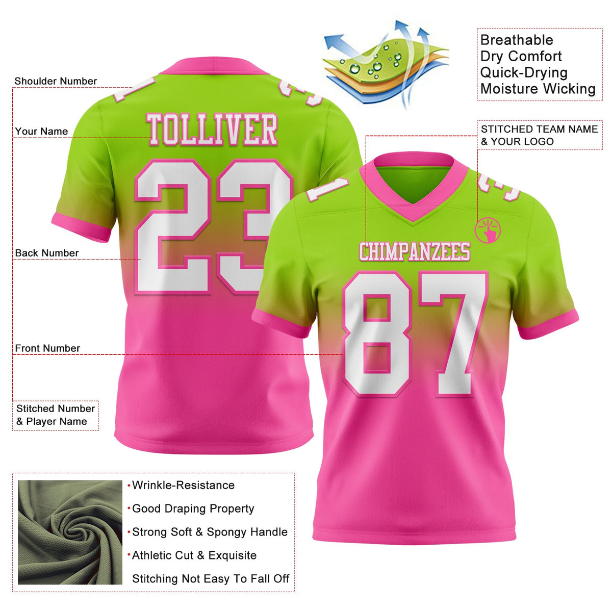 Custom Neon Green White-Pink Authentic Fade Fashion Football Jersey - Back