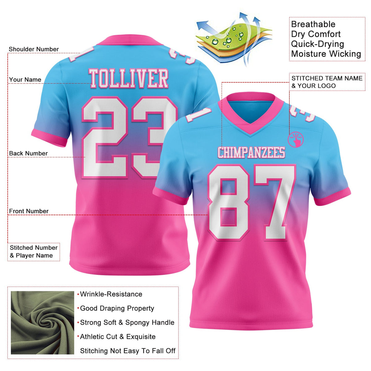 Custom Sky Blue White-Pink Authentic Fade Fashion Football Jersey - Back