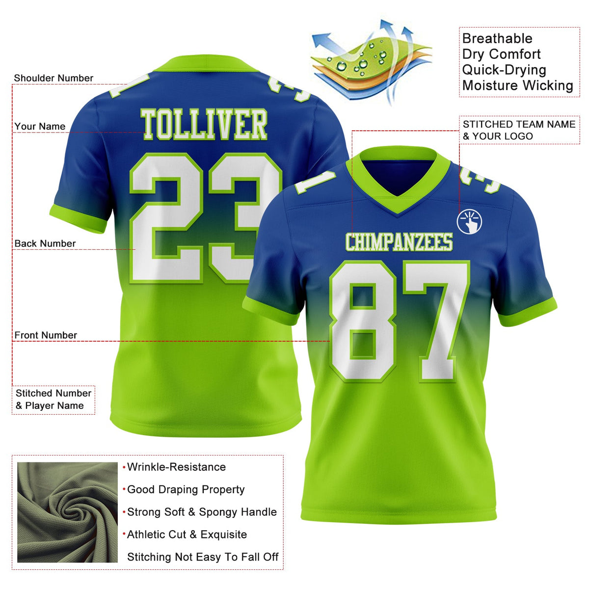Custom Royal White-Neon Green Authentic Fade Fashion Football Jersey - Back
