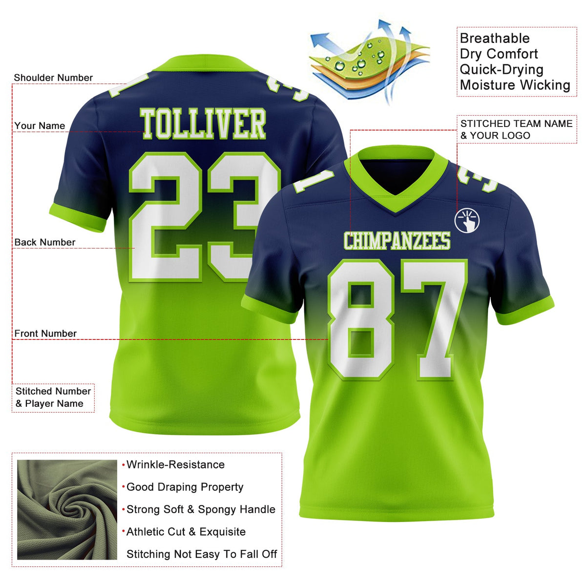 Custom Navy White-Neon Green Authentic Fade Fashion Football Jersey - Back