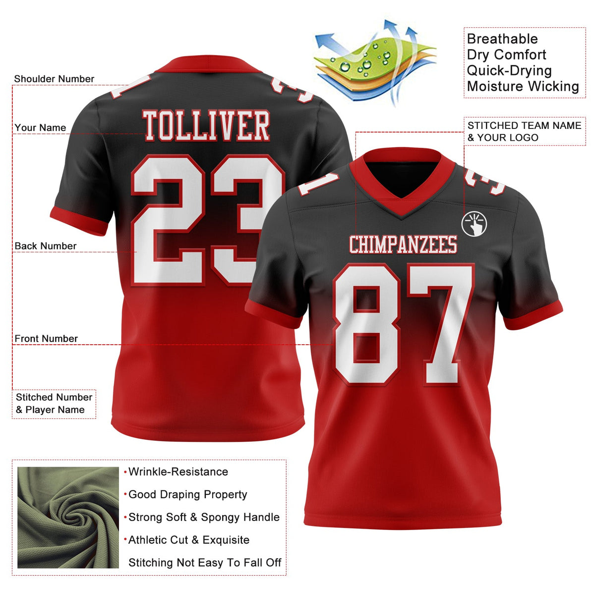 Custom Black White-Red Authentic Fade Fashion Football Jersey - Back