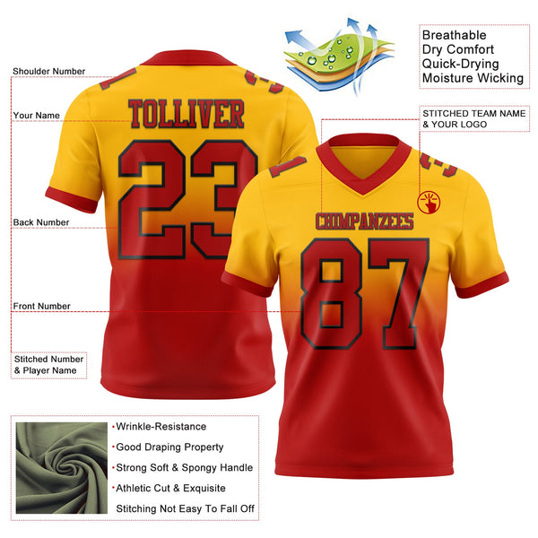 Custom Gold Red-Black Authentic Fade Fashion Football Jersey alternate