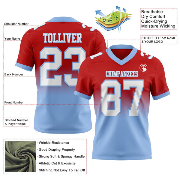 Custom Red White-Light Blue Authentic Fade Fashion Football Jersey alternate