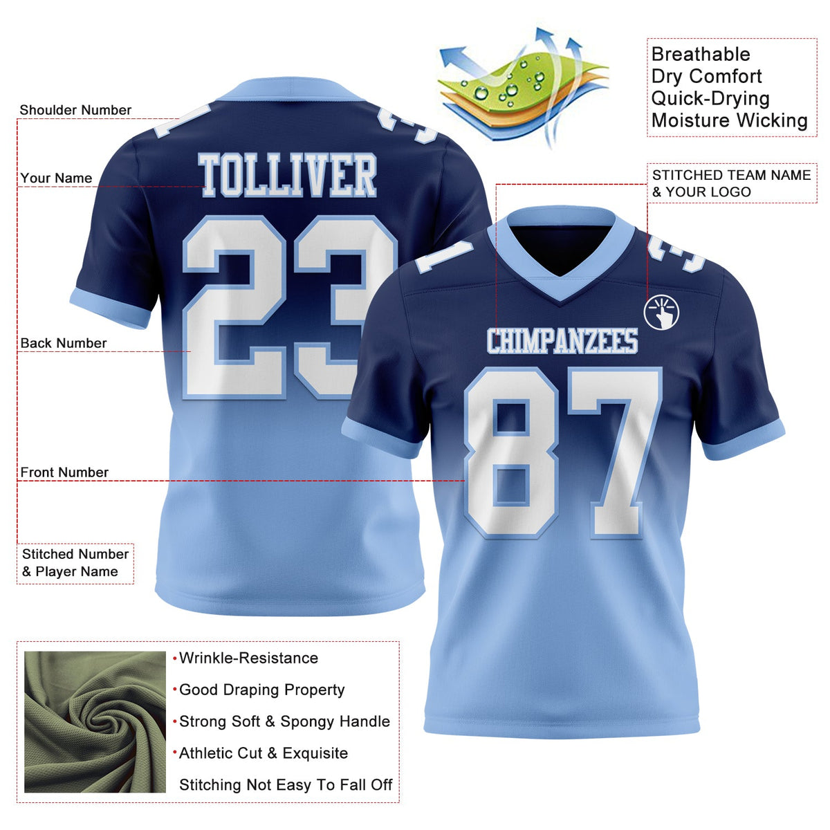 Custom Navy White-Light Blue Authentic Fade Fashion Football Jersey - Back