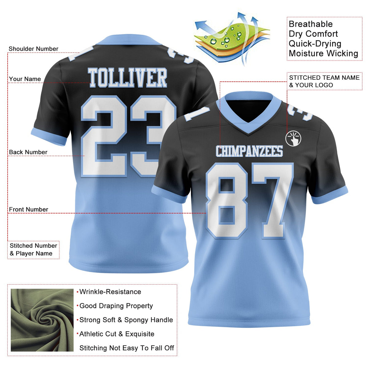 Custom Black White-Light Blue Authentic Fade Fashion Football Jersey - Back