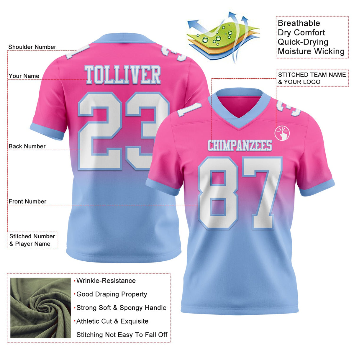 Custom Pink White-Light Blue Authentic Fade Fashion Football Jersey - Back