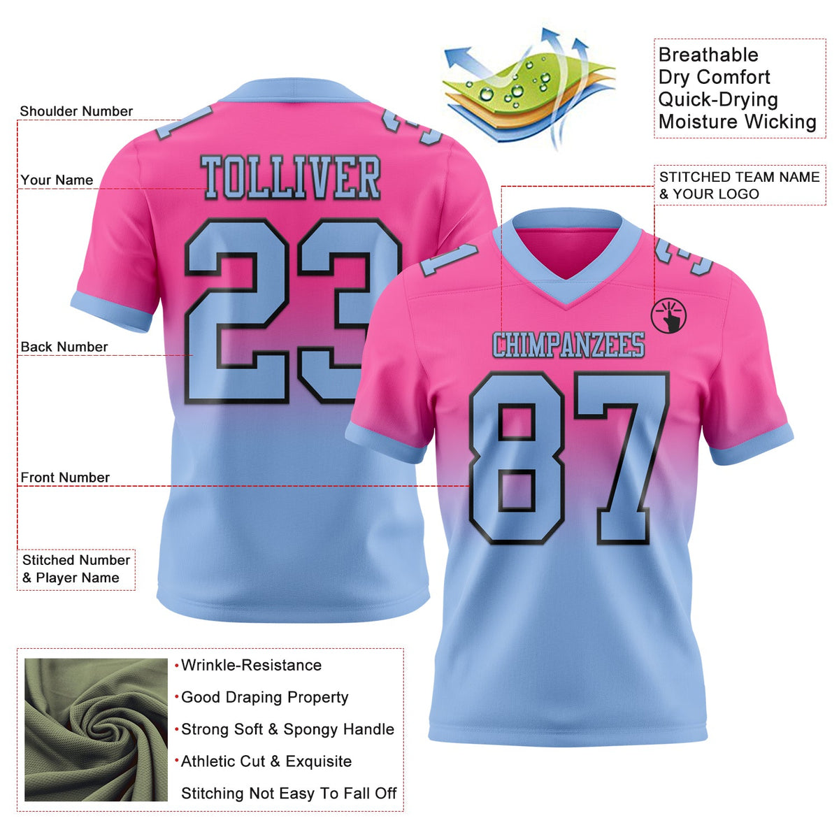 Custom Pink Light Blue-Black Authentic Fade Fashion Football Jersey - Back