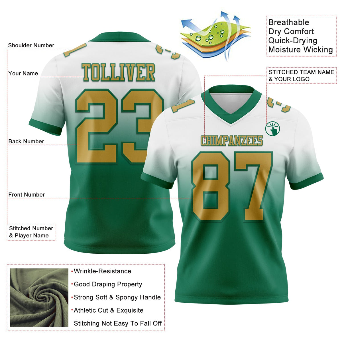 Custom White Old Gold-Kelly Green Authentic Fade Fashion Football Jersey - Back