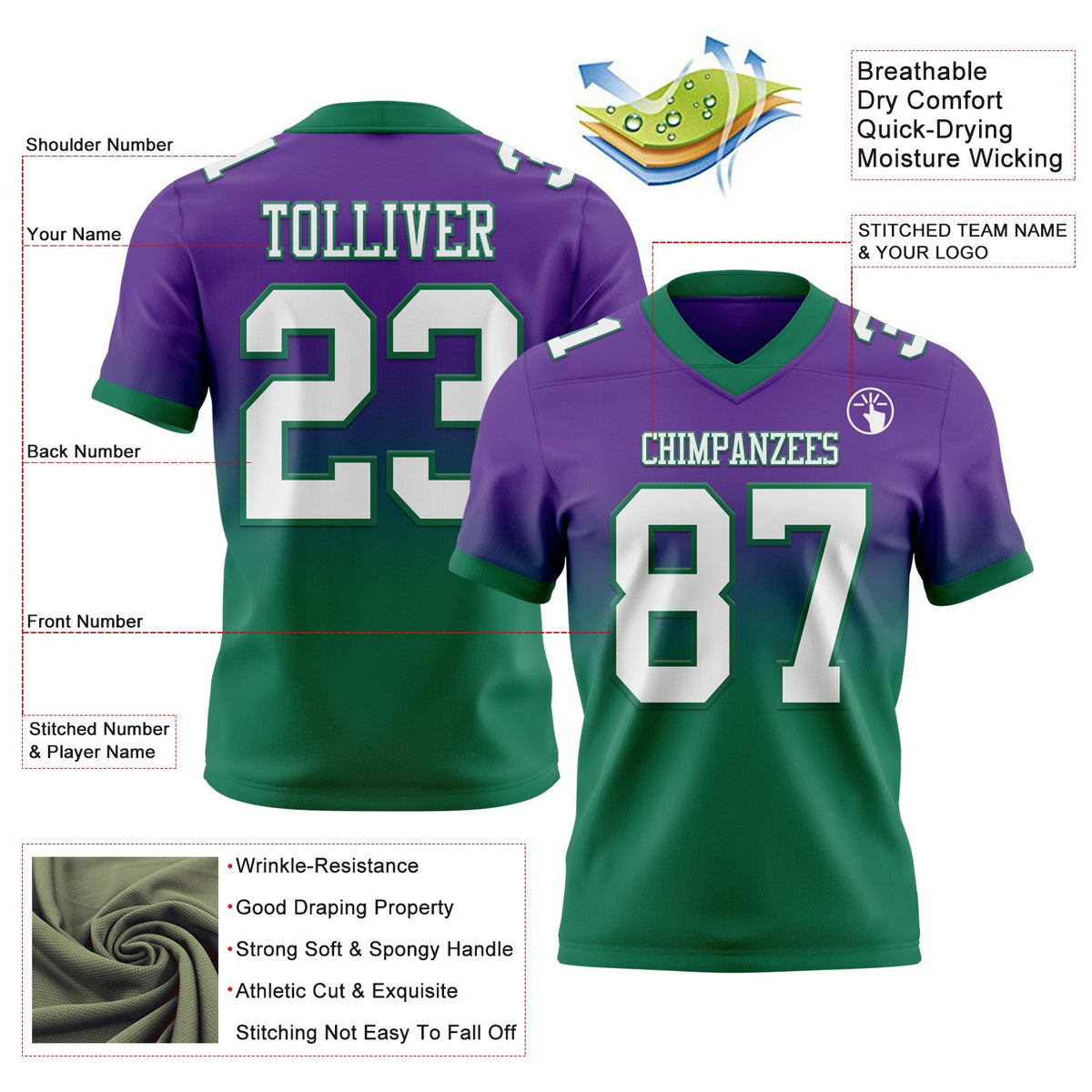 Custom Purple White-Kelly Green Authentic Fade Fashion Football Jersey - Back