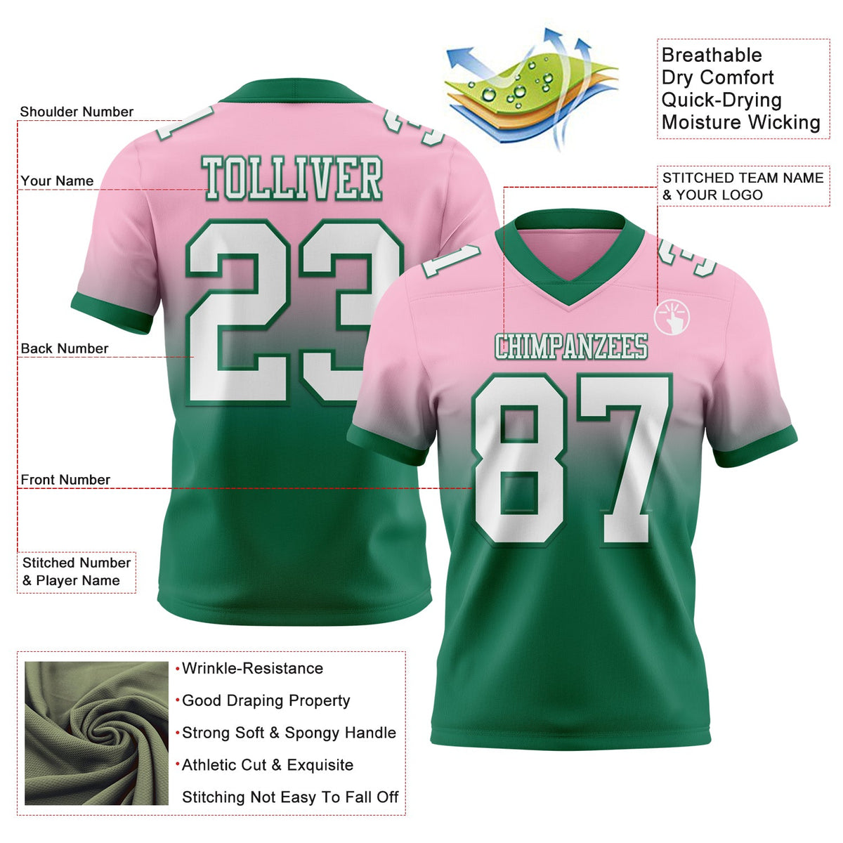 Custom Light Pink White-Kelly Green Authentic Fade Fashion Football Jersey - Back