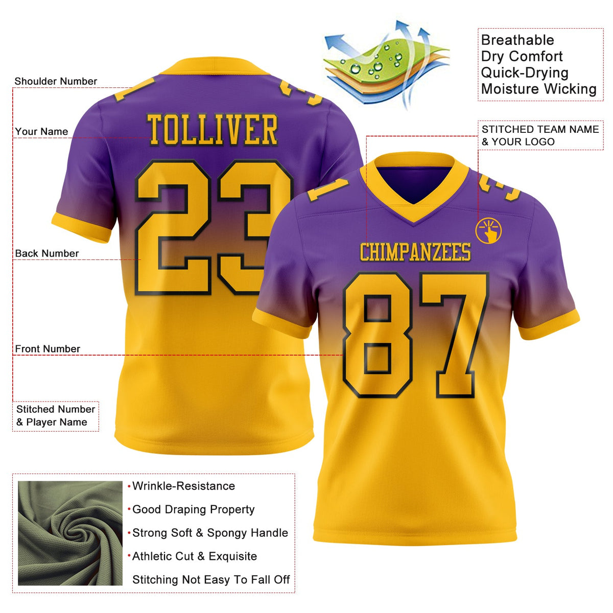 Custom Purple Gold-Black Authentic Fade Fashion Football Jersey - Back
