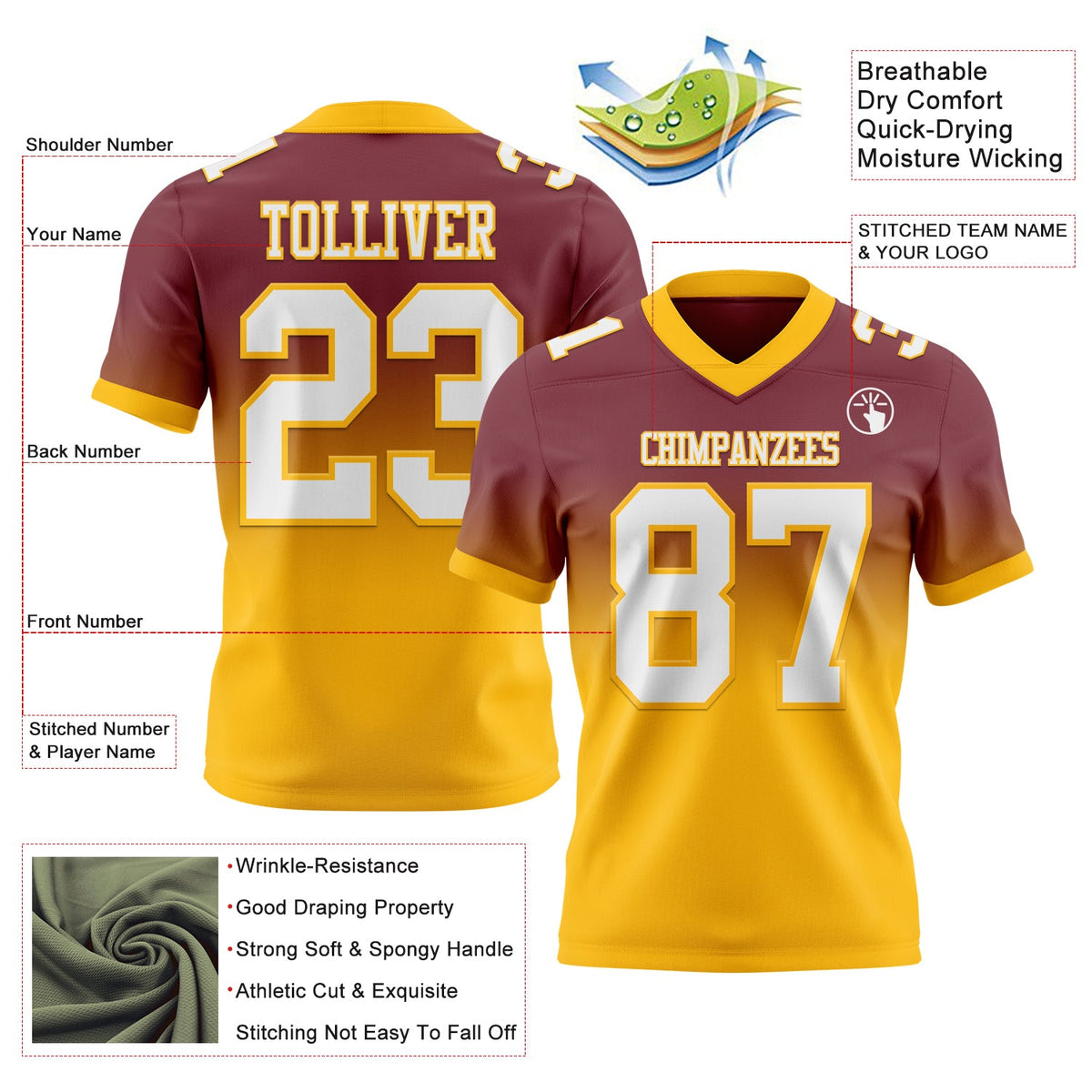 Custom Burgundy White-Gold Authentic Fade Fashion Football Jersey - Back