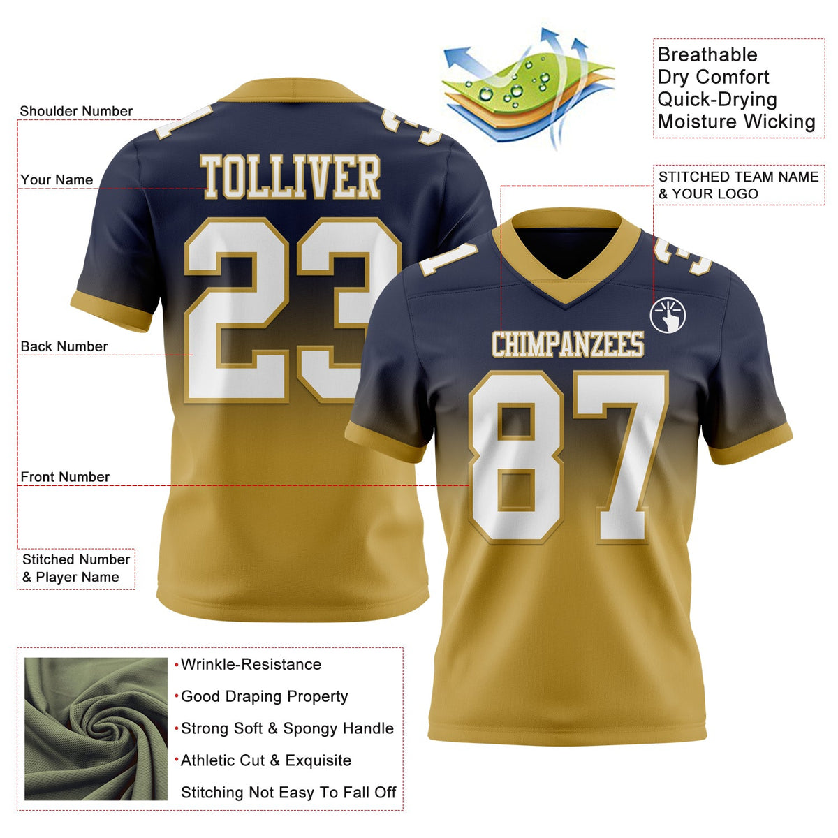 Custom Navy White-Old Gold Authentic Fade Fashion Football Jersey - Back