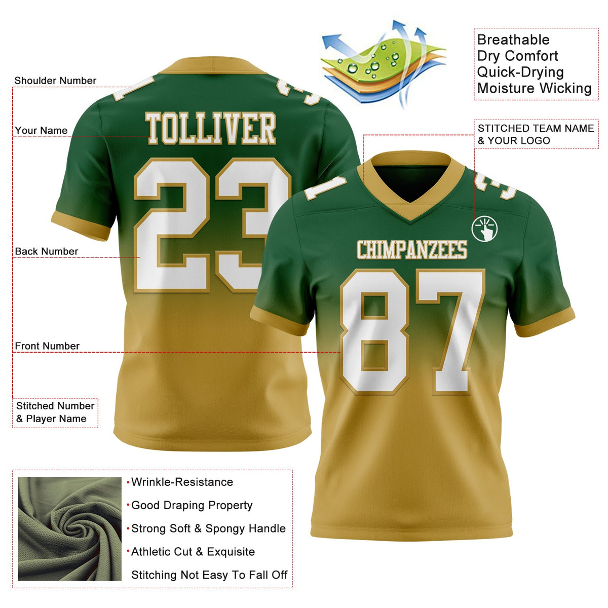 Custom Green White-Old Gold Authentic Fade Fashion Football Jersey - Back