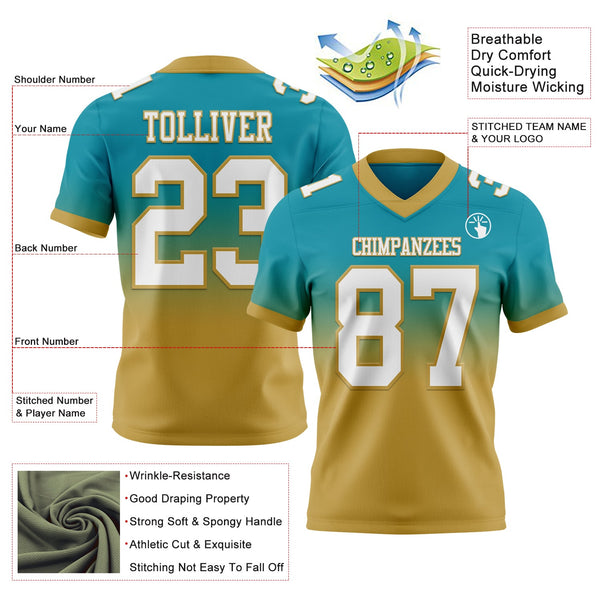 Custom Teal White-Old Gold Authentic Fade Fashion Football Jersey alternate