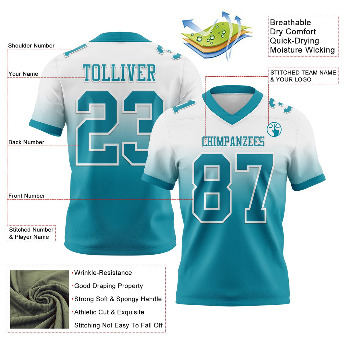 Custom White Teal Authentic Fade Fashion Football Jersey - Back