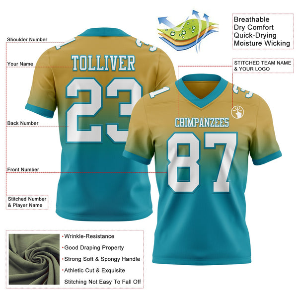 Custom Old Gold White-Teal Authentic Fade Fashion Football Jersey alternate