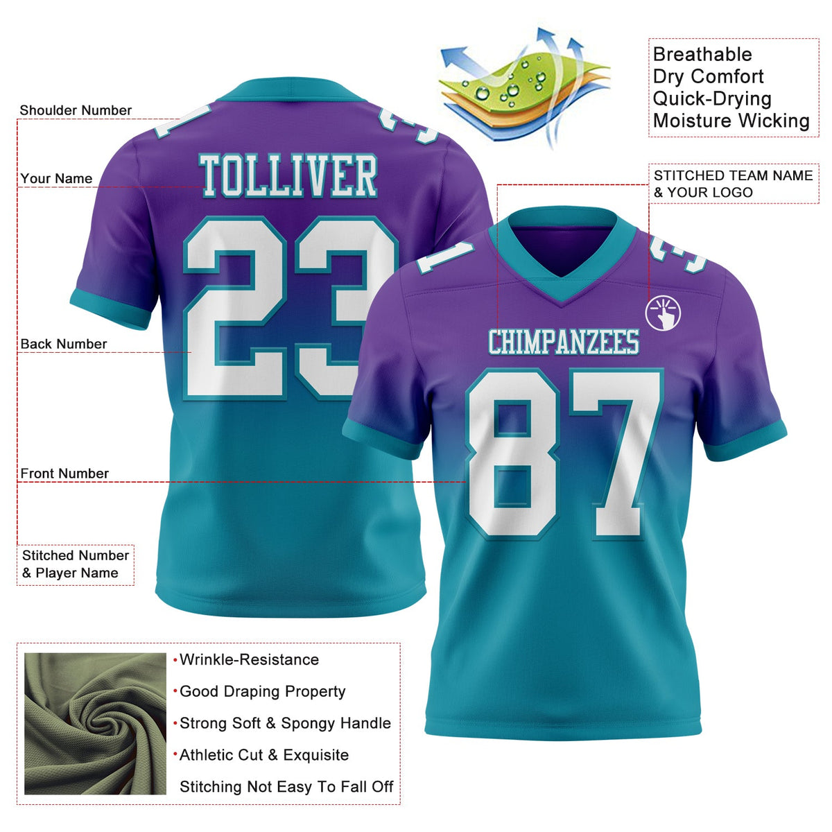 Custom Purple White-Teal Authentic Fade Fashion Football Jersey - Back