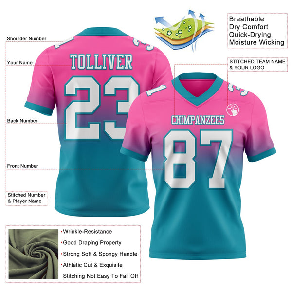 Custom Pink White-Teal Authentic Fade Fashion Football Jersey alternate