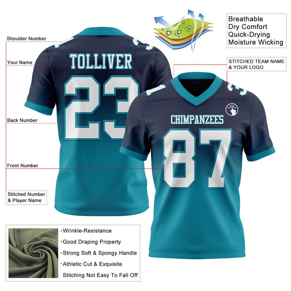 Custom Navy White-Teal Authentic Fade Fashion Football Jersey alternate