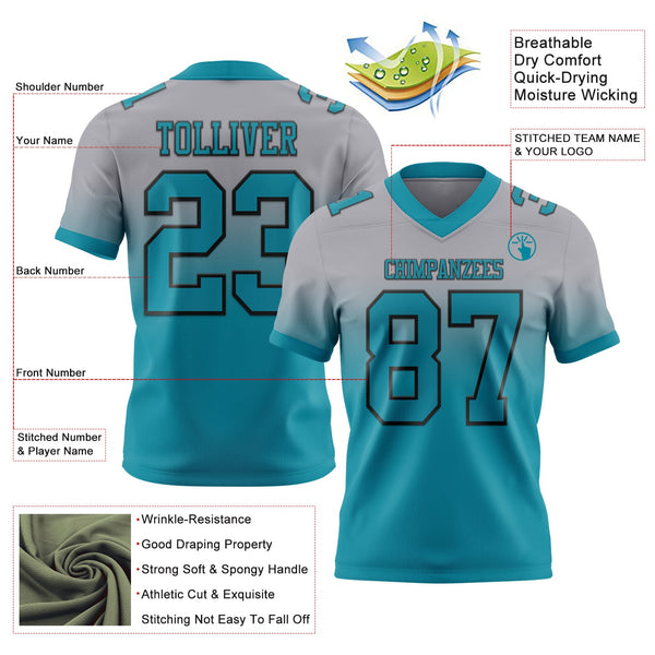 Custom Gray Teal-Black Authentic Fade Fashion Football Jersey alternate