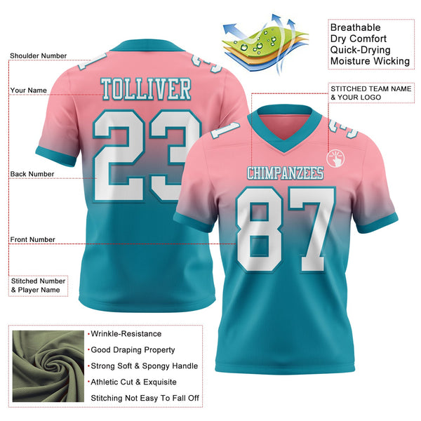 Custom Medium Pink White-Teal Authentic Fade Fashion Football Jersey alternate