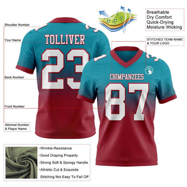 Custom Teal White-Cardinal Authentic Fade Fashion Football Jersey alternate