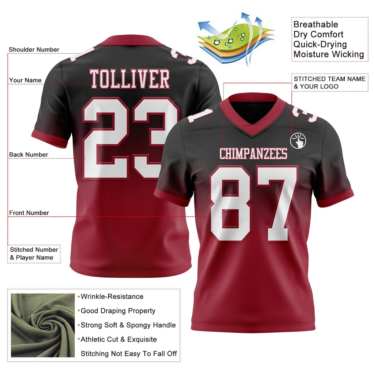 Custom Black White-Cardinal Authentic Fade Fashion Football Jersey - Back