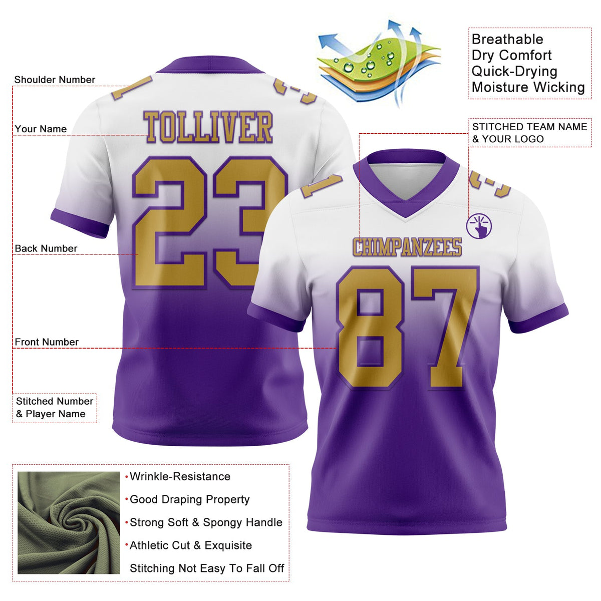 Custom White Old Gold-Purple Authentic Fade Fashion Football Jersey - Back