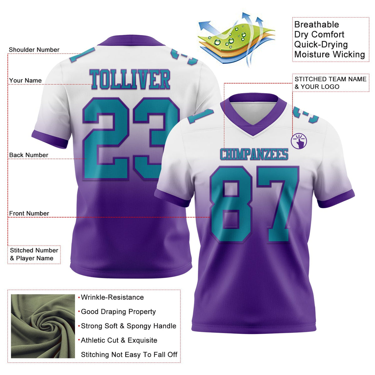 Custom White Teal-Purple Authentic Fade Fashion Football Jersey - Back
