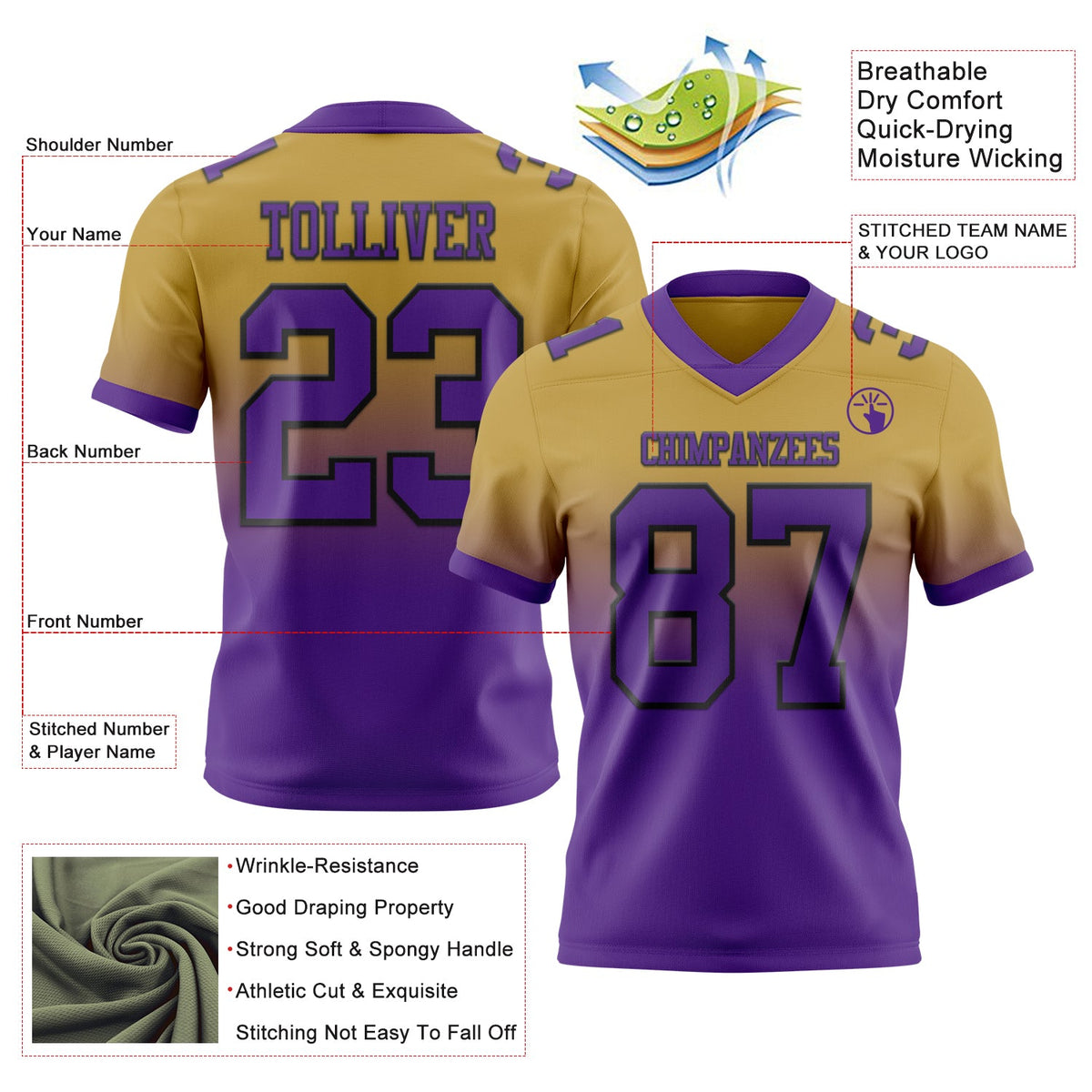 Custom Old Gold Purple-Black Authentic Fade Fashion Football Jersey - Back