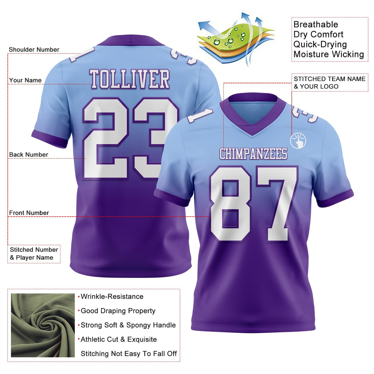 Custom Light Blue White-Purple Authentic Fade Fashion Football Jersey - Back