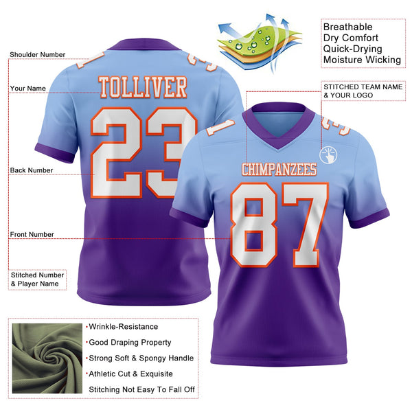 Custom Light Blue White Purple-Orange Authentic Fade Fashion Football Jersey alternate