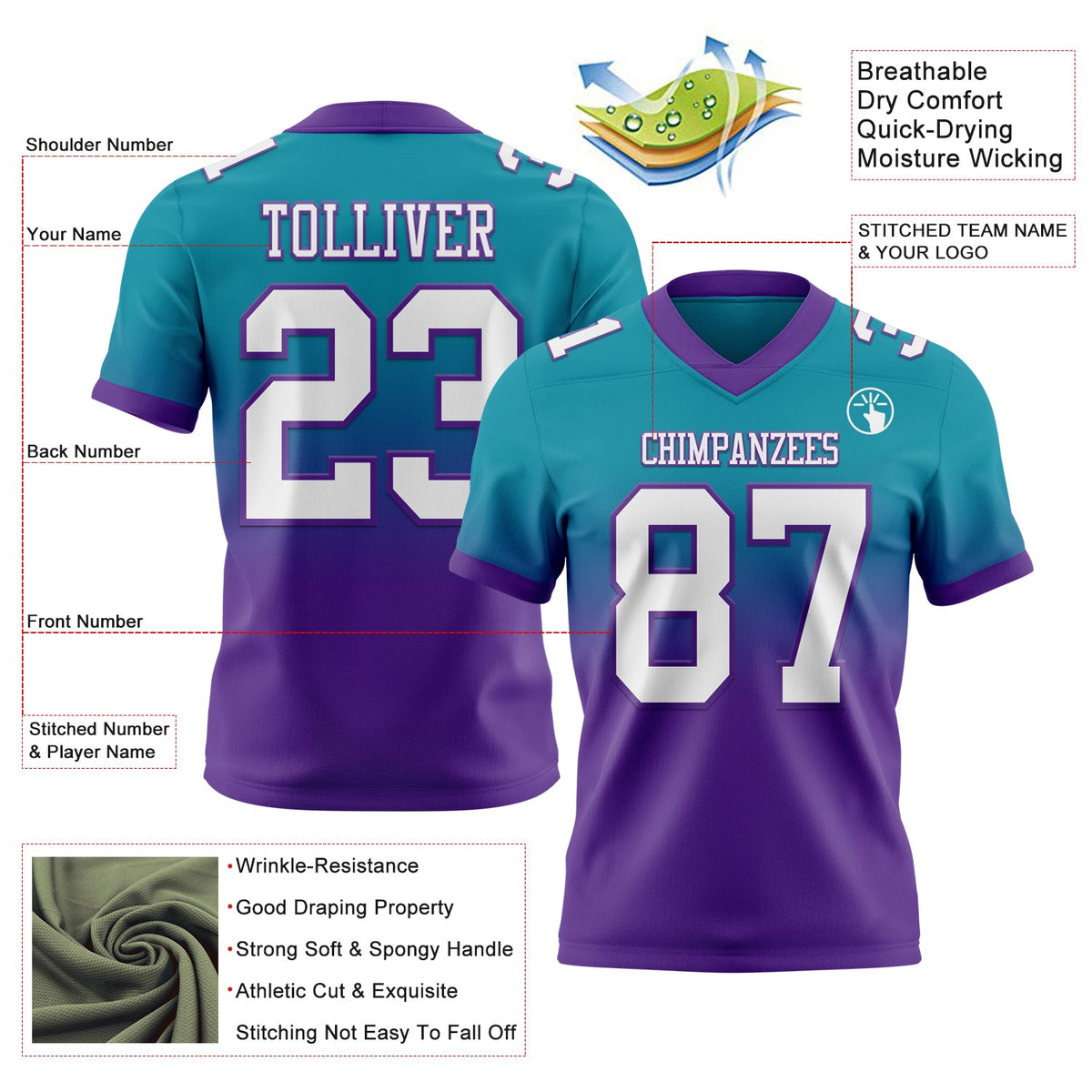 Custom Teal White-Purple Authentic Fade Fashion Football Jersey - Back
