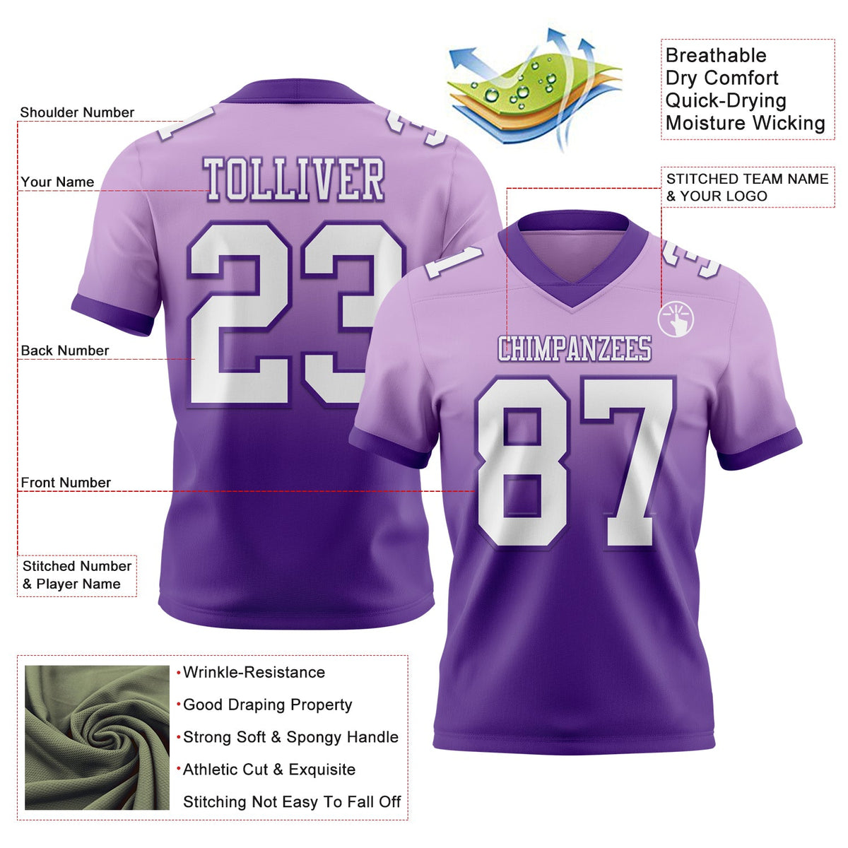 Custom Light Purple White-Purple Authentic Fade Fashion Football Jersey - Back