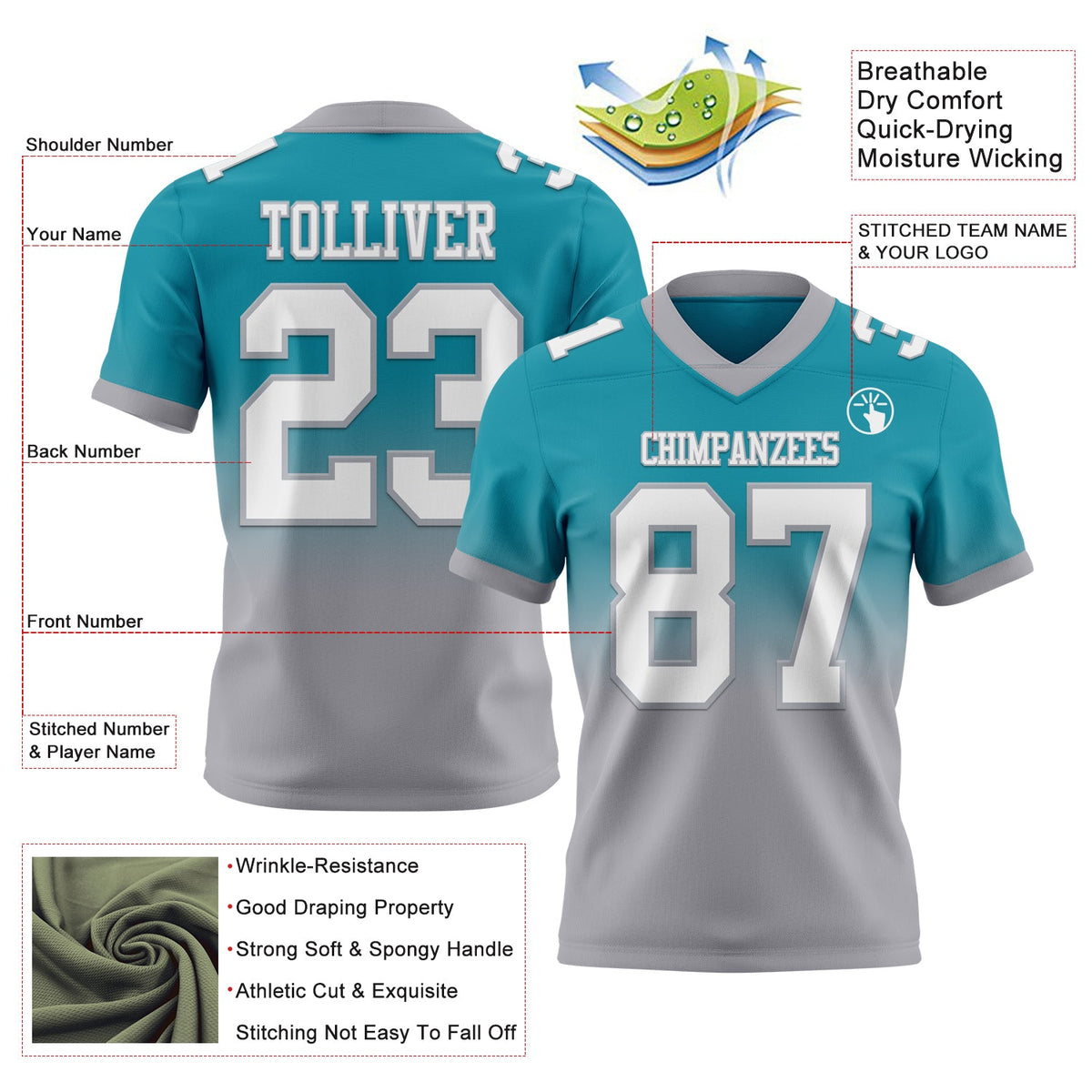 Custom Teal White-Gray Authentic Fade Fashion Football Jersey - Back