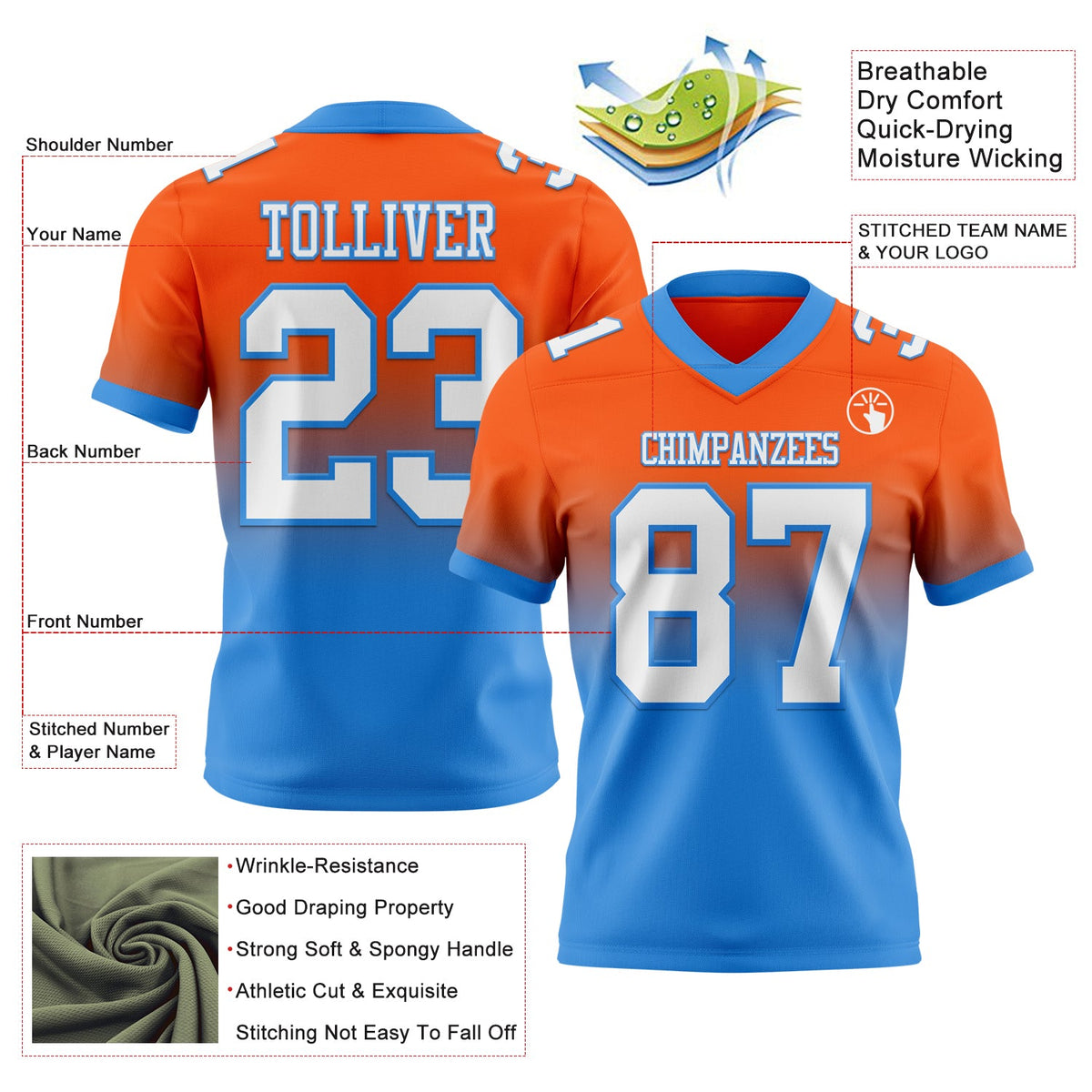 Custom Orange White-Powder Blue Authentic Fade Fashion Football Jersey - Back