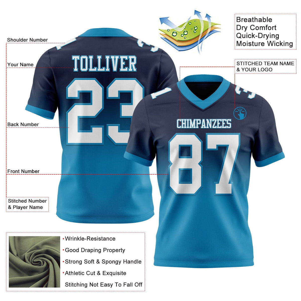 Custom Navy White-Panther Blue Authentic Fade Fashion Football Jersey - Back