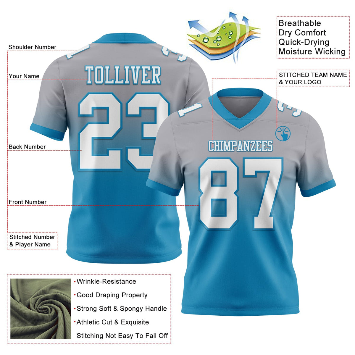 Custom Gray White-Panther Blue Authentic Fade Fashion Football Jersey - Back