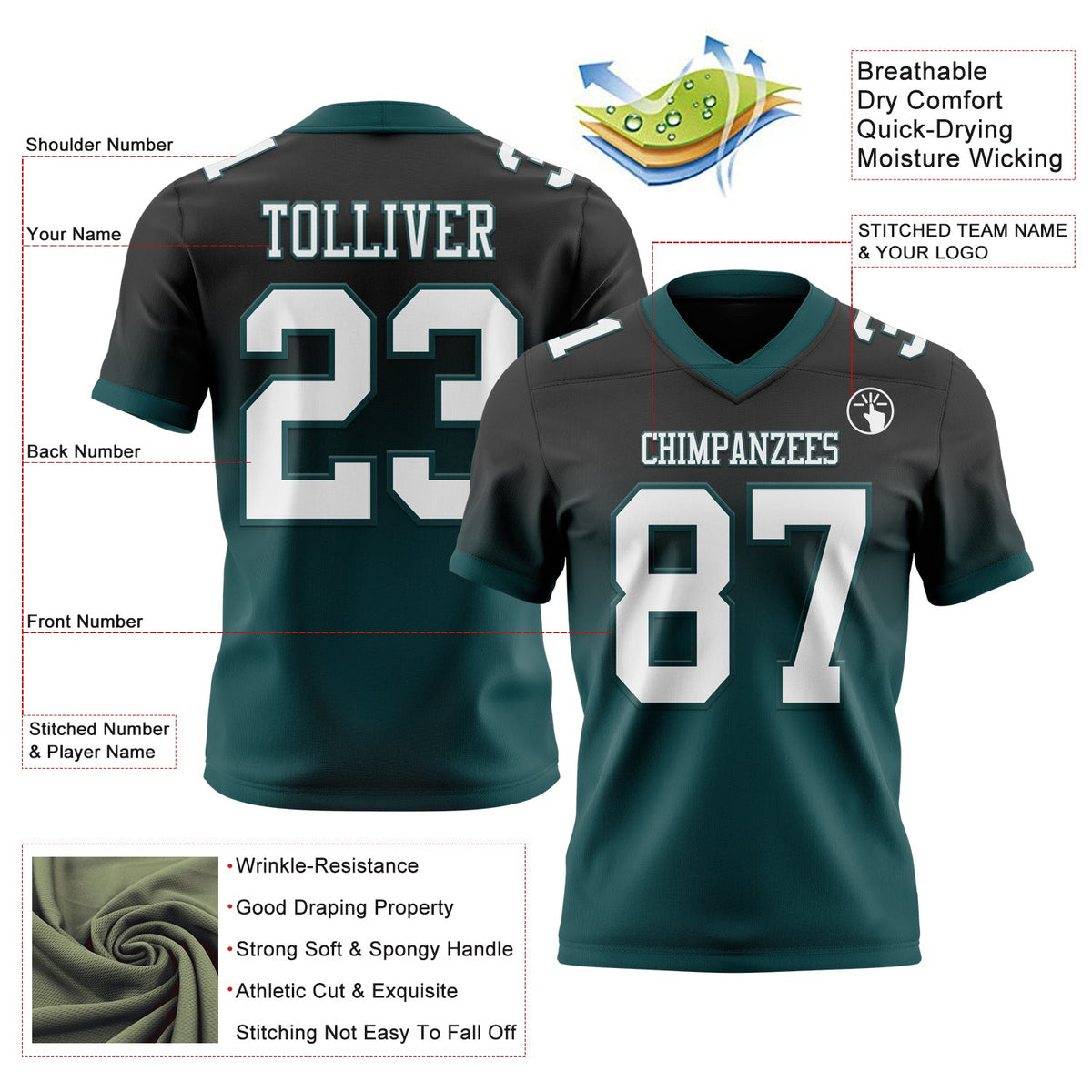 Custom Black White-Midnight Green Authentic Fade Fashion Football Jersey - Back