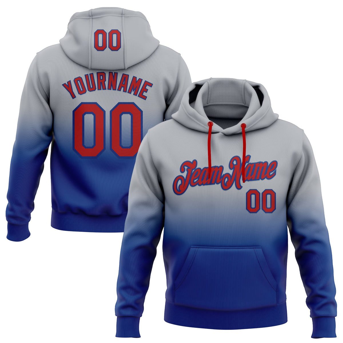 Custom Stitched Gray Red-Royal Fade Fashion Sports Pullover Sweatshirt Hoodie