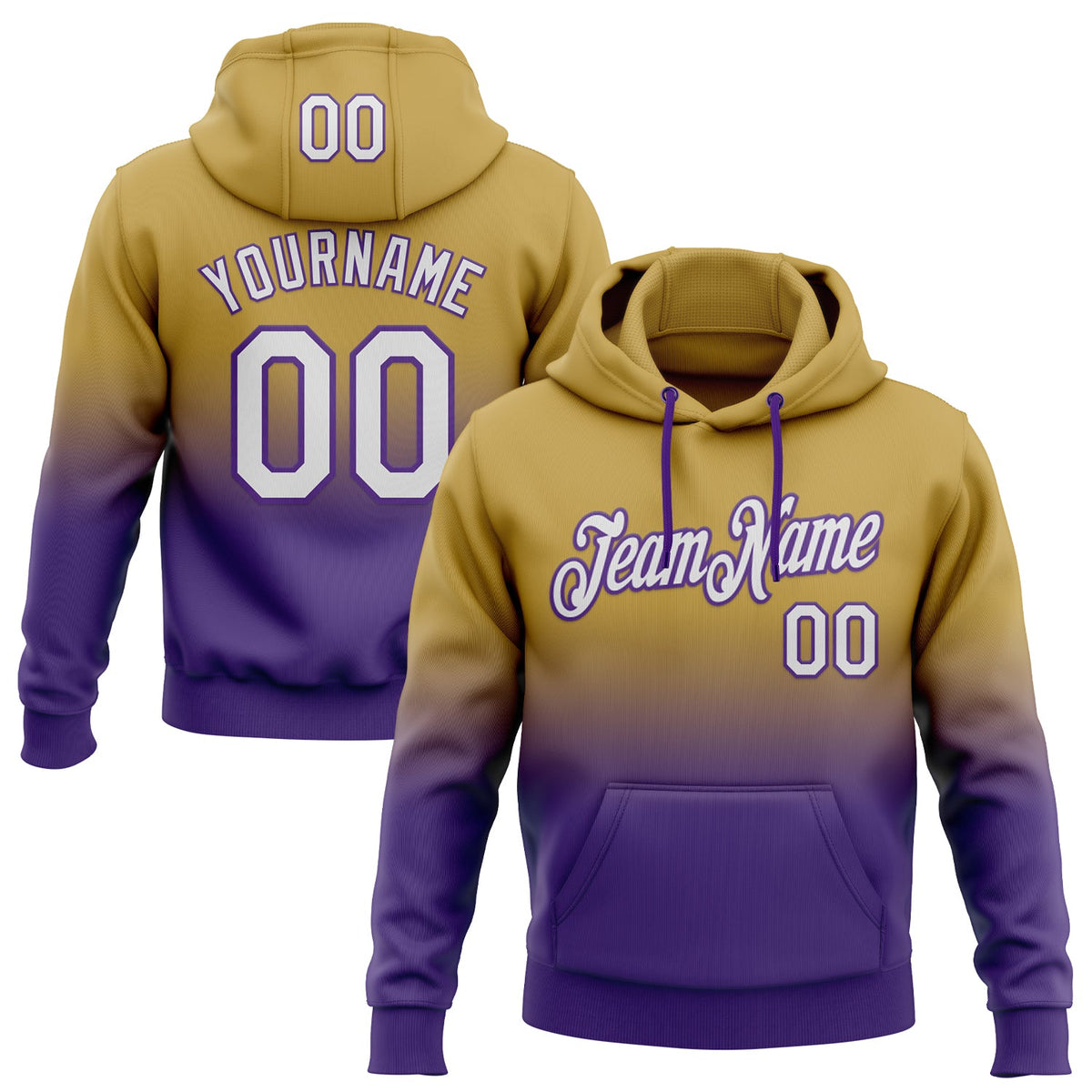 Custom Stitched Old Gold White-Purple Fade Fashion Sports Pullover Sweatshirt Hoodie