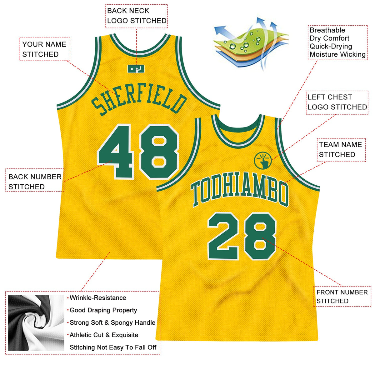 Custom Gold Kelly Green-White Authentic Throwback Basketball Jersey - Back