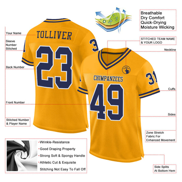 Custom Gold Navy-White Mesh Authentic Throwback Football Jersey alternate