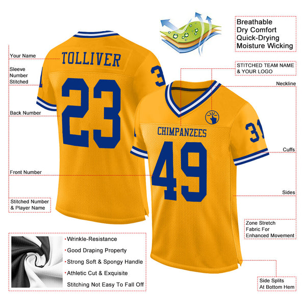 Custom Gold Royal-White Mesh Authentic Throwback Football Jersey alternate