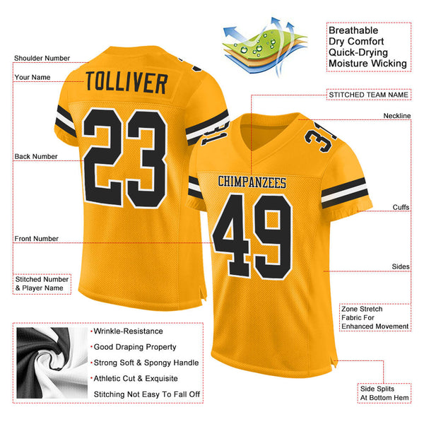Custom Gold Black-White Mesh Authentic Football Jersey alternate