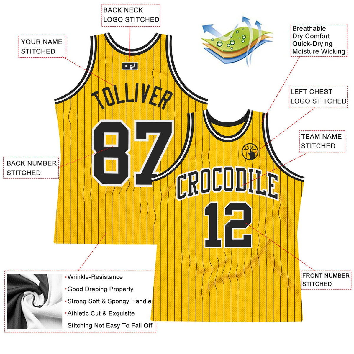 Custom Gold Black Pinstripe Black-White Authentic Basketball Jersey - Back
