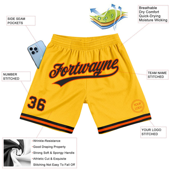 Custom Gold Black-Orange Authentic Throwback Basketball Shorts alternate