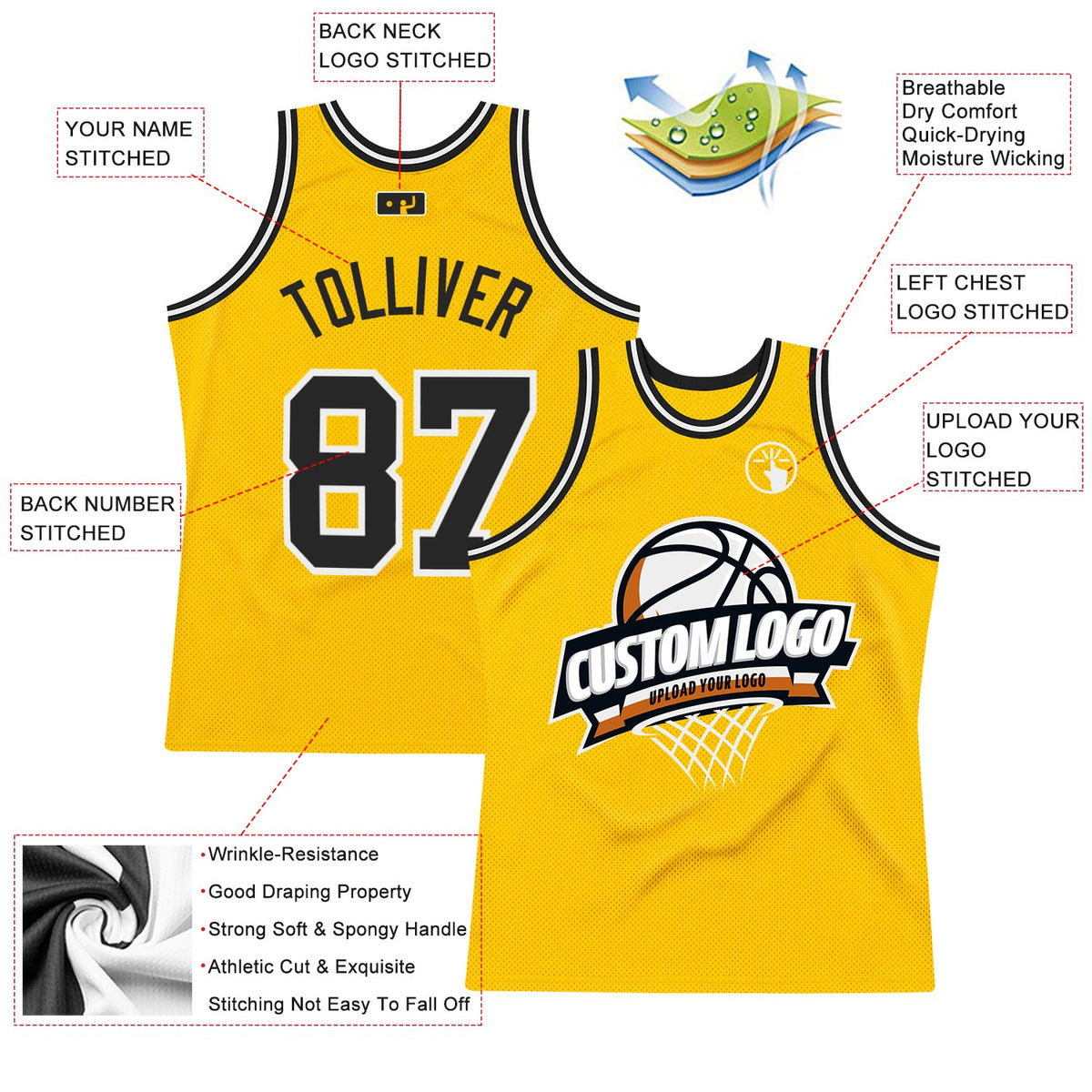 Custom Gold Black-White Authentic Throwback Basketball Jersey - Front