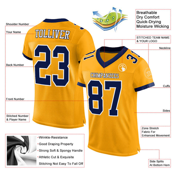 Custom Gold Navy-White Mesh Authentic Football Jersey alternate